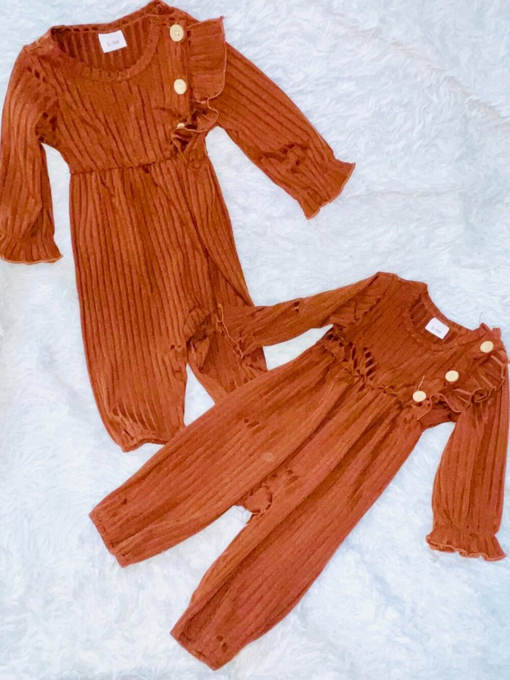 Twin Girl Rust Orange Rompers 0-3 Months Long Sleeve Ribbed Soft Lightweight
